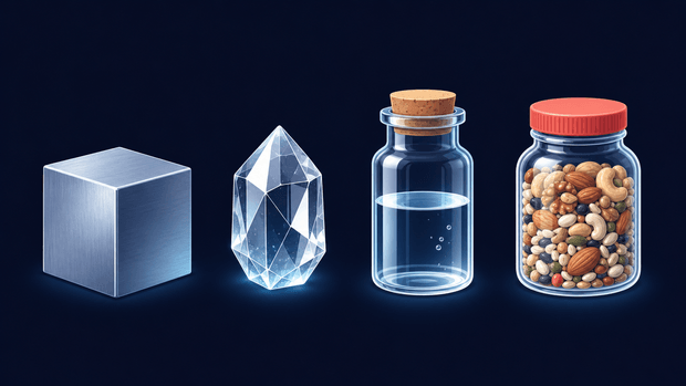 A metal cube, a crystal, a bottle of water, and a jar of trail mix