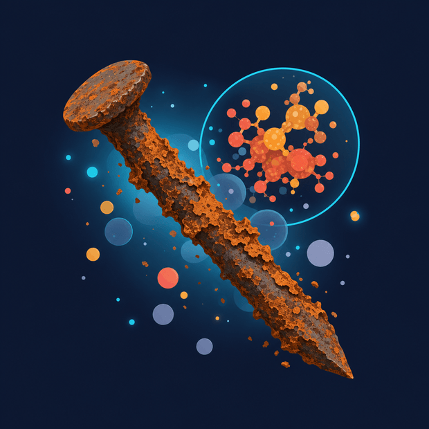 A rusty nail with a close-up of iron and oxygen atoms bonded into rust