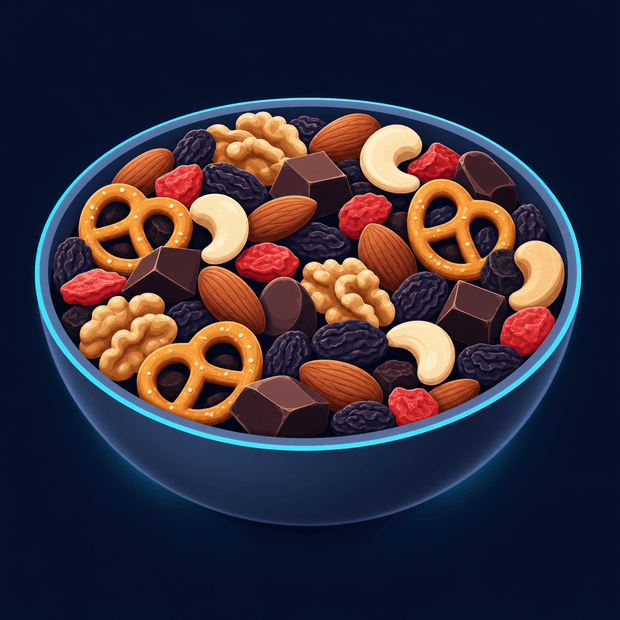 A bowl of trail mix with visible nuts, pretzels, and chocolate