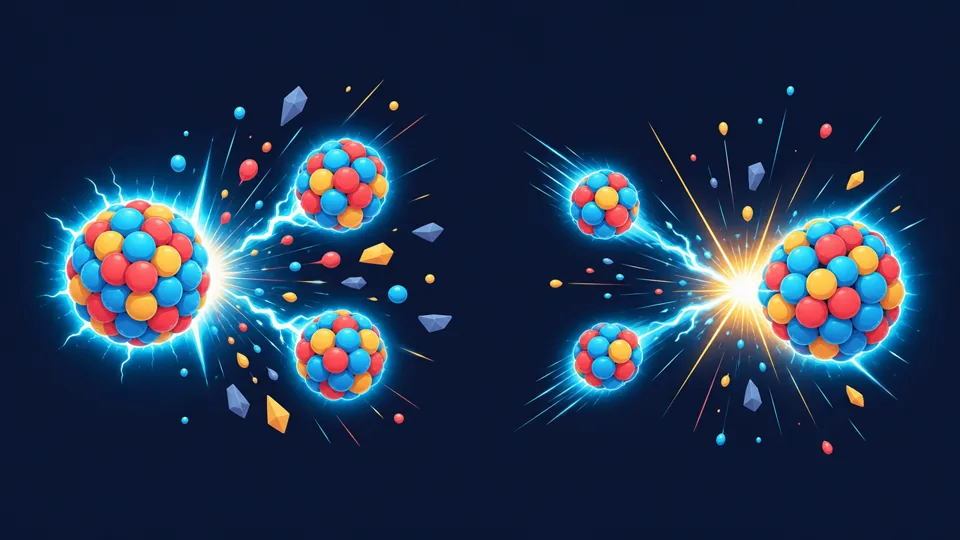On the left a large nucleus splitting into two; on the right two small nuclei joining into one