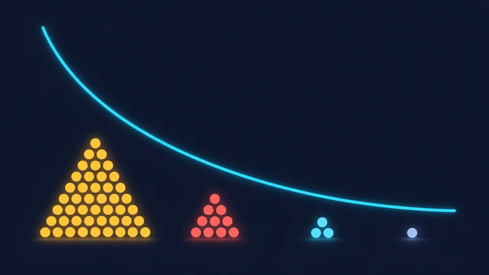 A decay curve above four shrinking pyramids of atoms