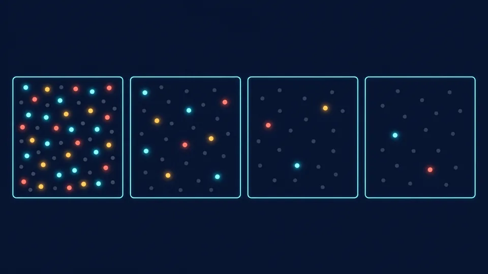 Four panels showing fewer and fewer glowing atoms as grey decayed atoms take their place