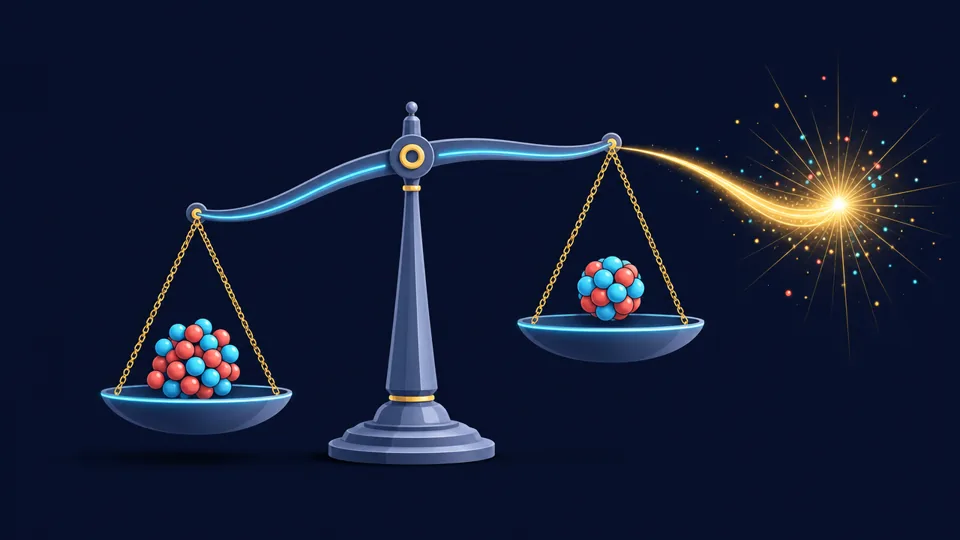 A balance showing the products of a nuclear reaction weighing slightly less than the reactants