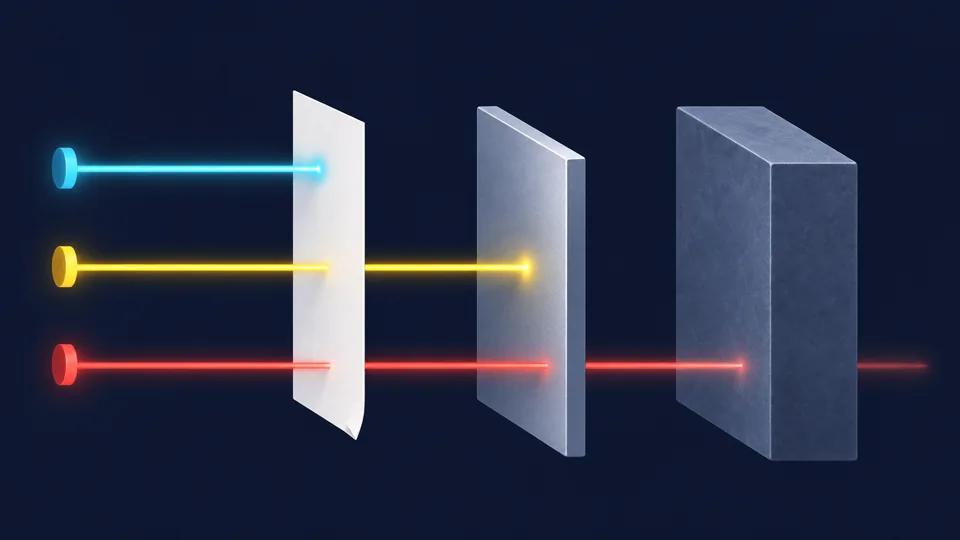 Three beams: one stopped by paper, one stopped by aluminum, one passing through lead